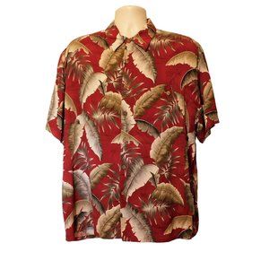 Island Shores Hawaiian Shirt XL Red Brown Cream Tropical Leaves Short Sleeves